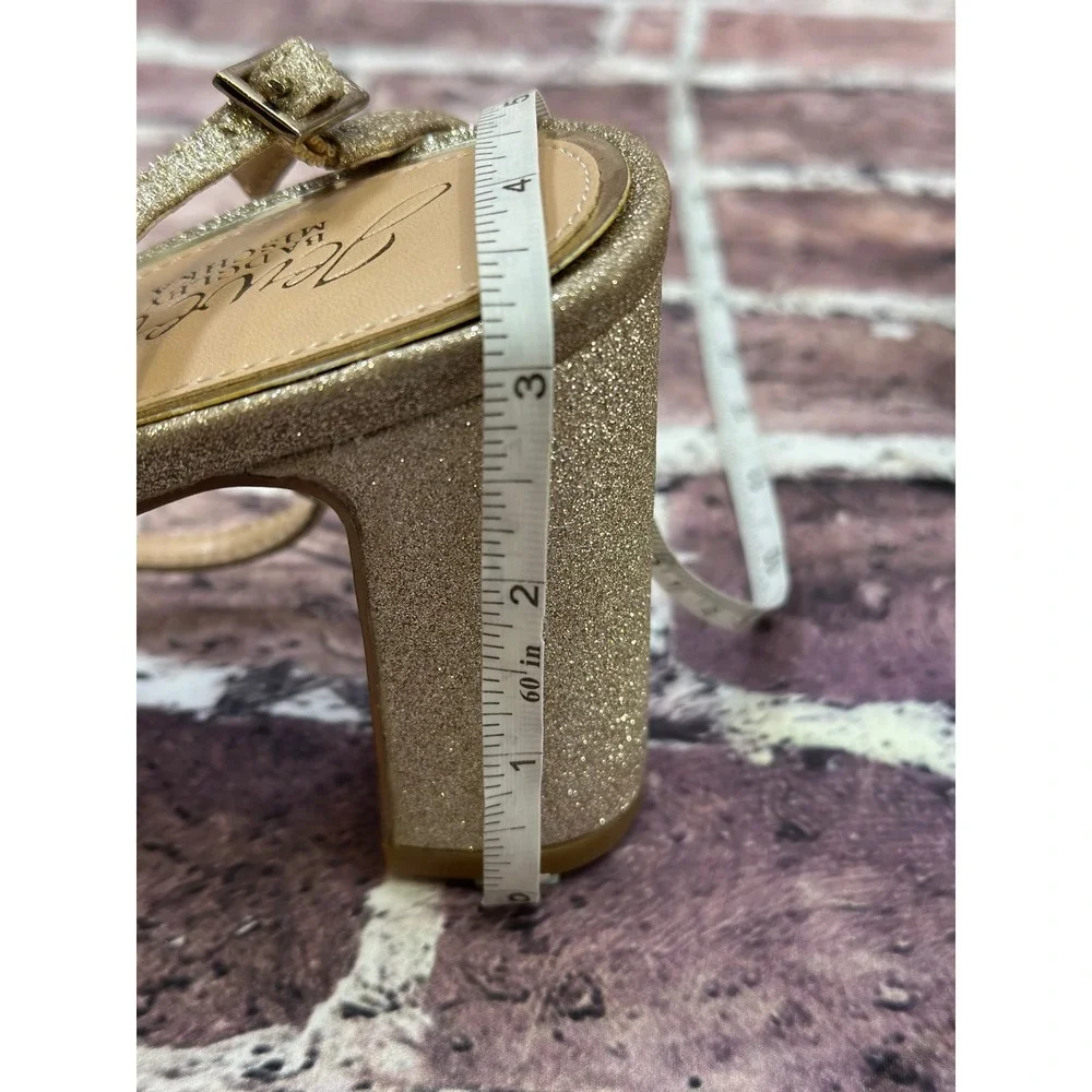 Jewel Badgley Mischka Gold Glitter Crystal Block Heel Sandals Women Formal NWOB